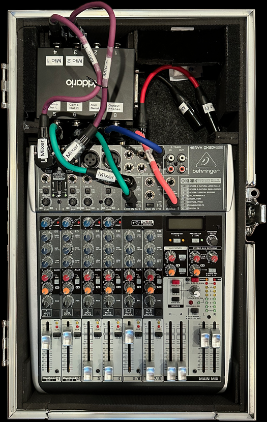 Output / Mic Mixer case with the mixer, snake box and snake patch cables installed